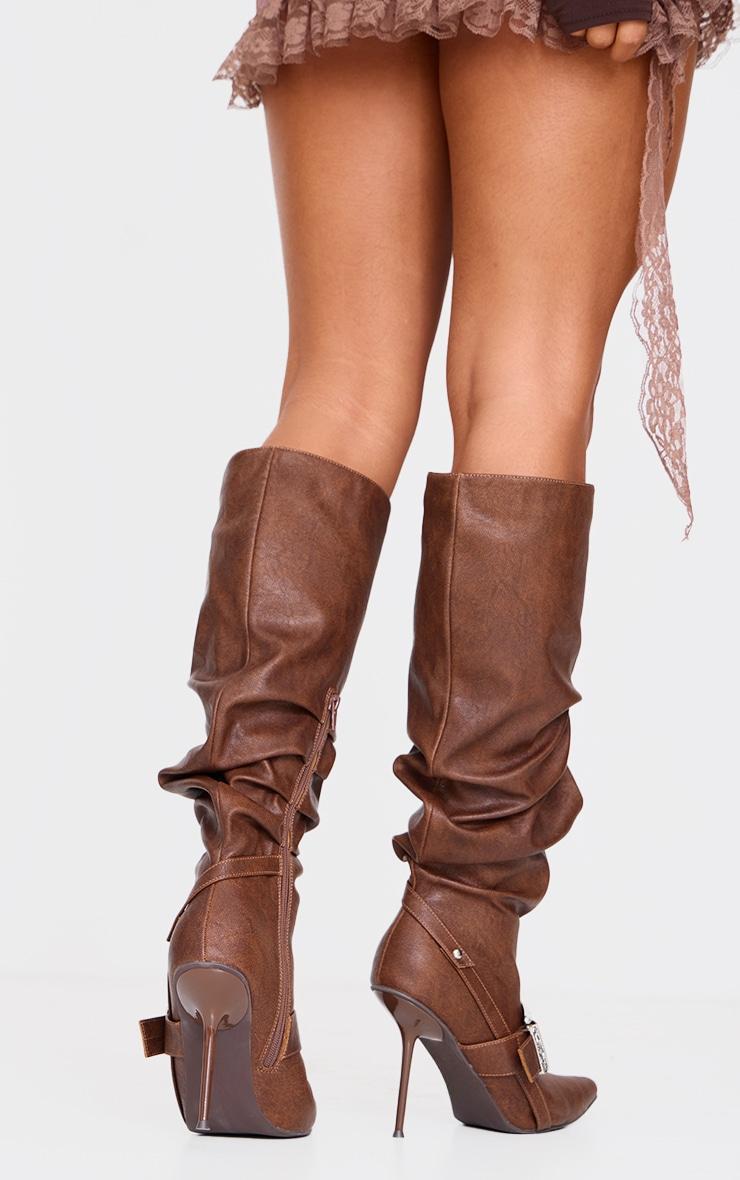 Brown Distressed Pu Point Toe Buckle Knee High Stiletto Heeled Boots Product Image