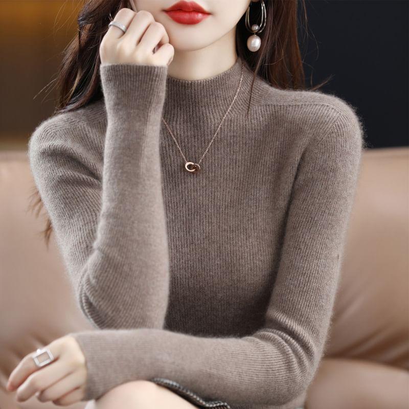 Mock Neck Plain Ribbed Sweater Product Image