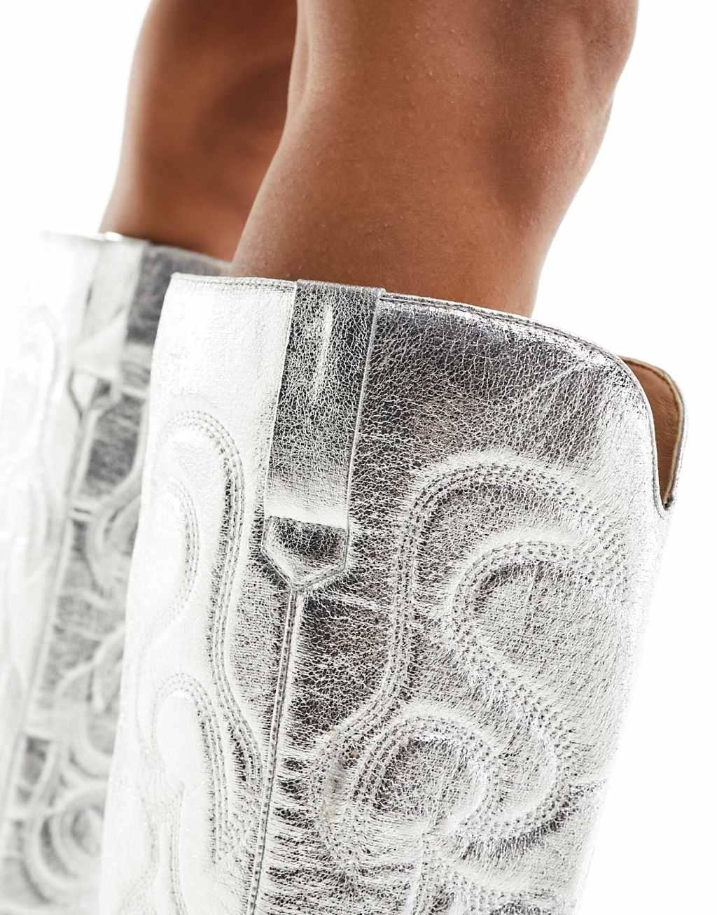 Public Desire Wide Fit Austine knee boot with western stitching in metallic silver Product Image