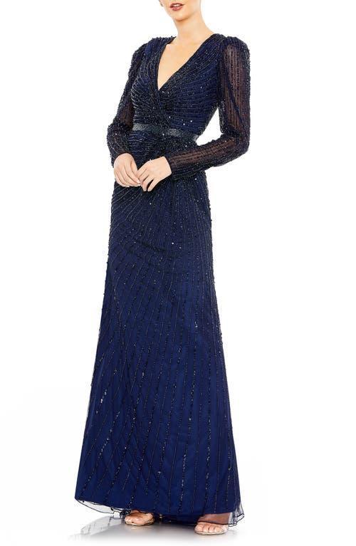 Mac Duggal Sequin Long Sleeve Faux Wrap Gown Product Image