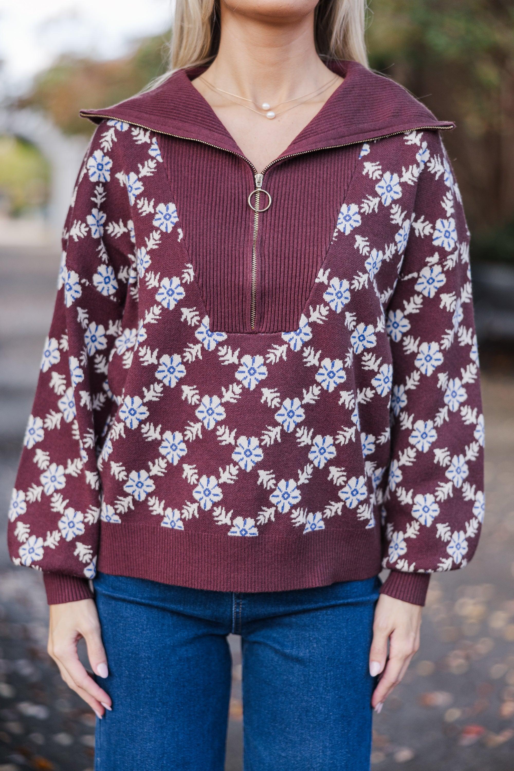 Stay Together Brown Floral Half Zip Sweater Female Product Image