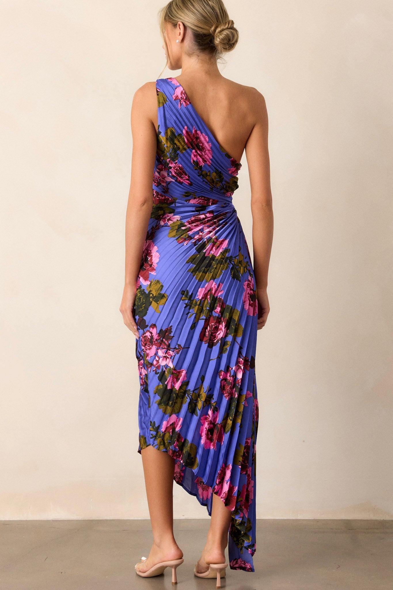 Poetic Charm Violet Floral Asymmetric One Shoulder Maxi Dress Product Image