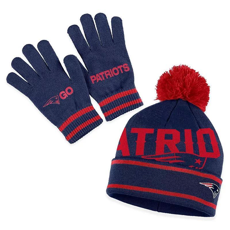 Womens WEAR by Erin Andrews New England Patriots Double Jacquard Cuffed Knit Hat with Pom and Gloves Set, Blue Product Image