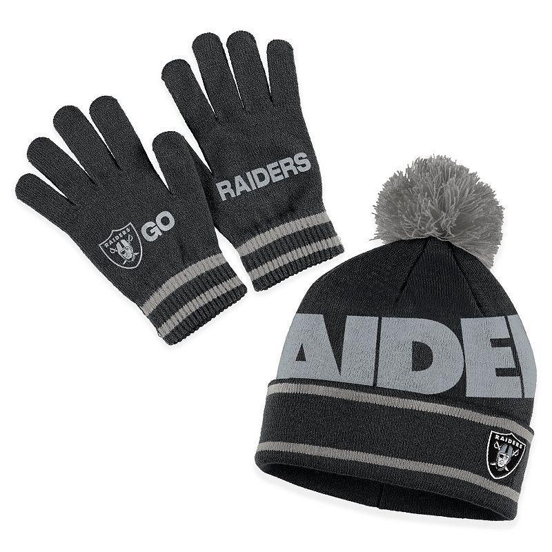 Womens WEAR by Erin Andrews Black Las Vegas Raiders Double Jacquard Cuffed Knit Hat with Pom and Gloves Set Product Image