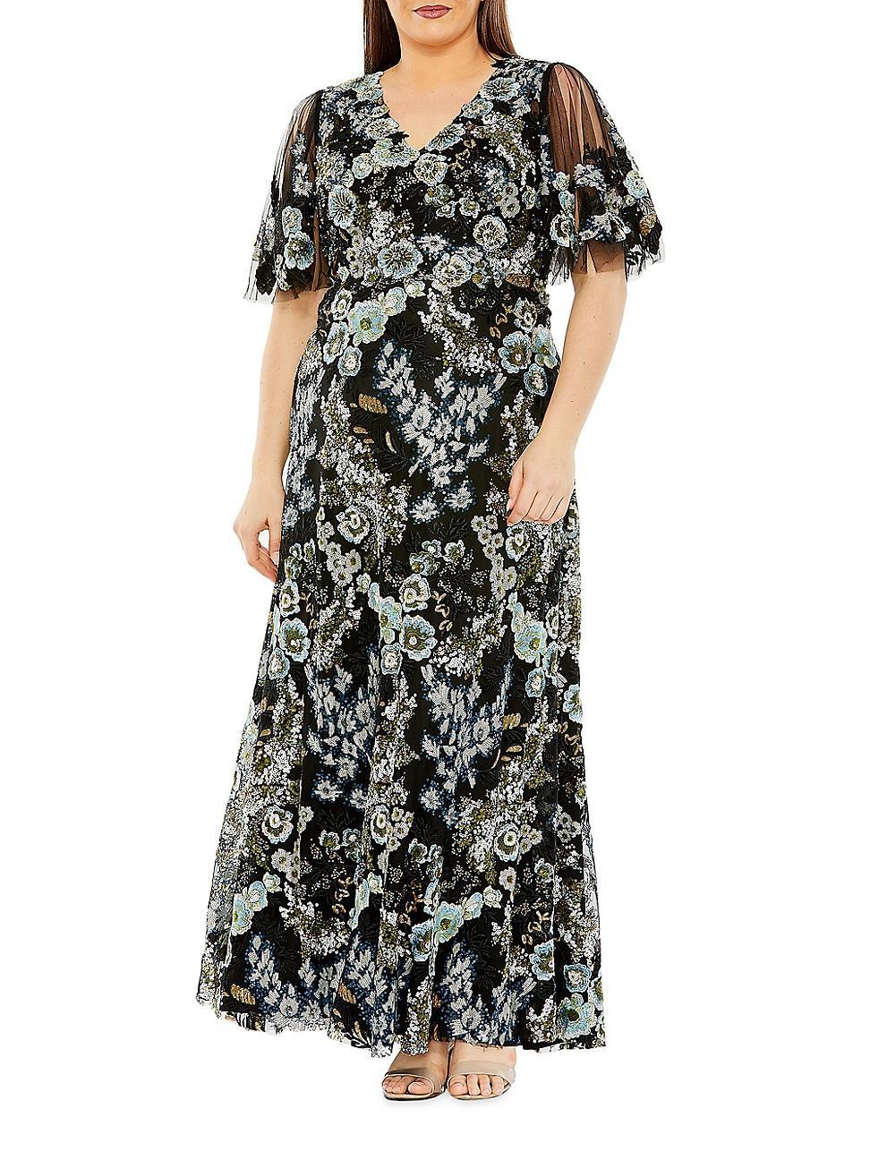 Womens Floral Embroidered Tulle Gown Product Image