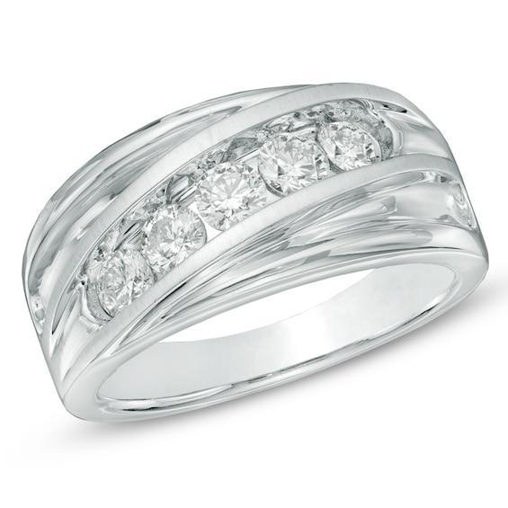 Men's 1 CT. T.w. Diamond Five Stone Slant Wedding Band in 14K White Gold Product Image