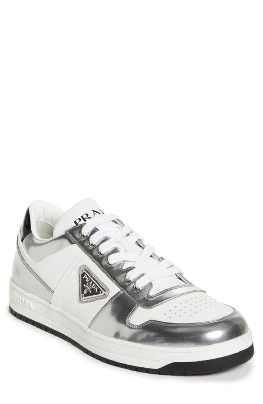 PRADA Downtown Leather Sneakers In Bianco Argento Product Image