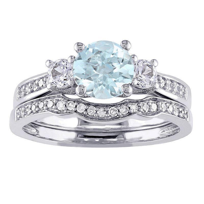 Stella Grace 10k White Gold Aquamarine, Lab-Created White Sapphire & 1/8 Carat T.W. Diamond Vintage Engagement Ring Set, Womens Product Image