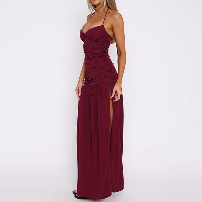 Halter Plain Ruched Slit Maxi A-Line Dress Product Image