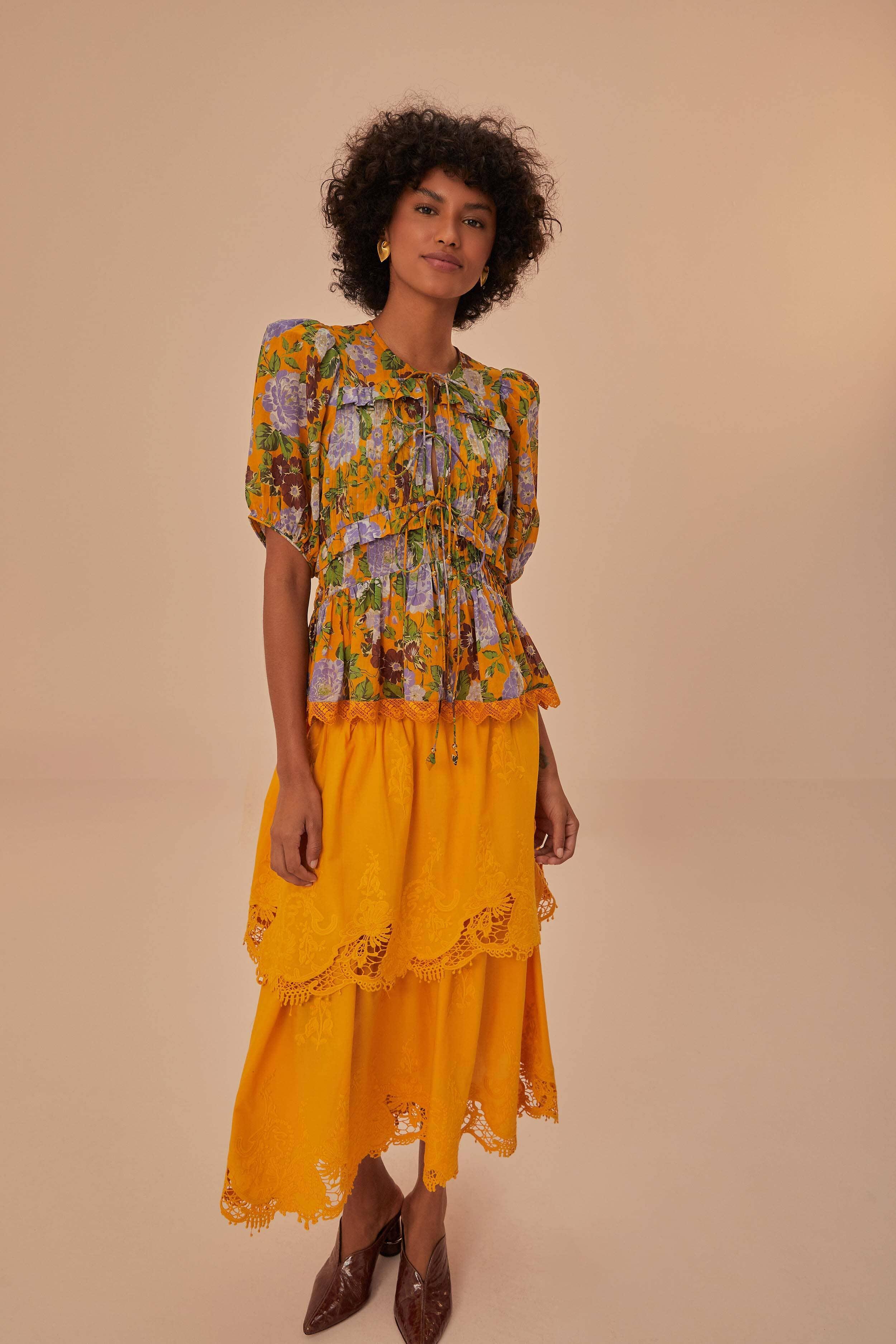 Yellow Mustard Tiered Lace Midi Skirt Product Image