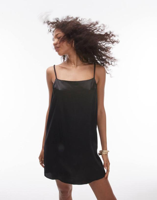 Topshop mini slip dress with plaited strap in black  Product Image