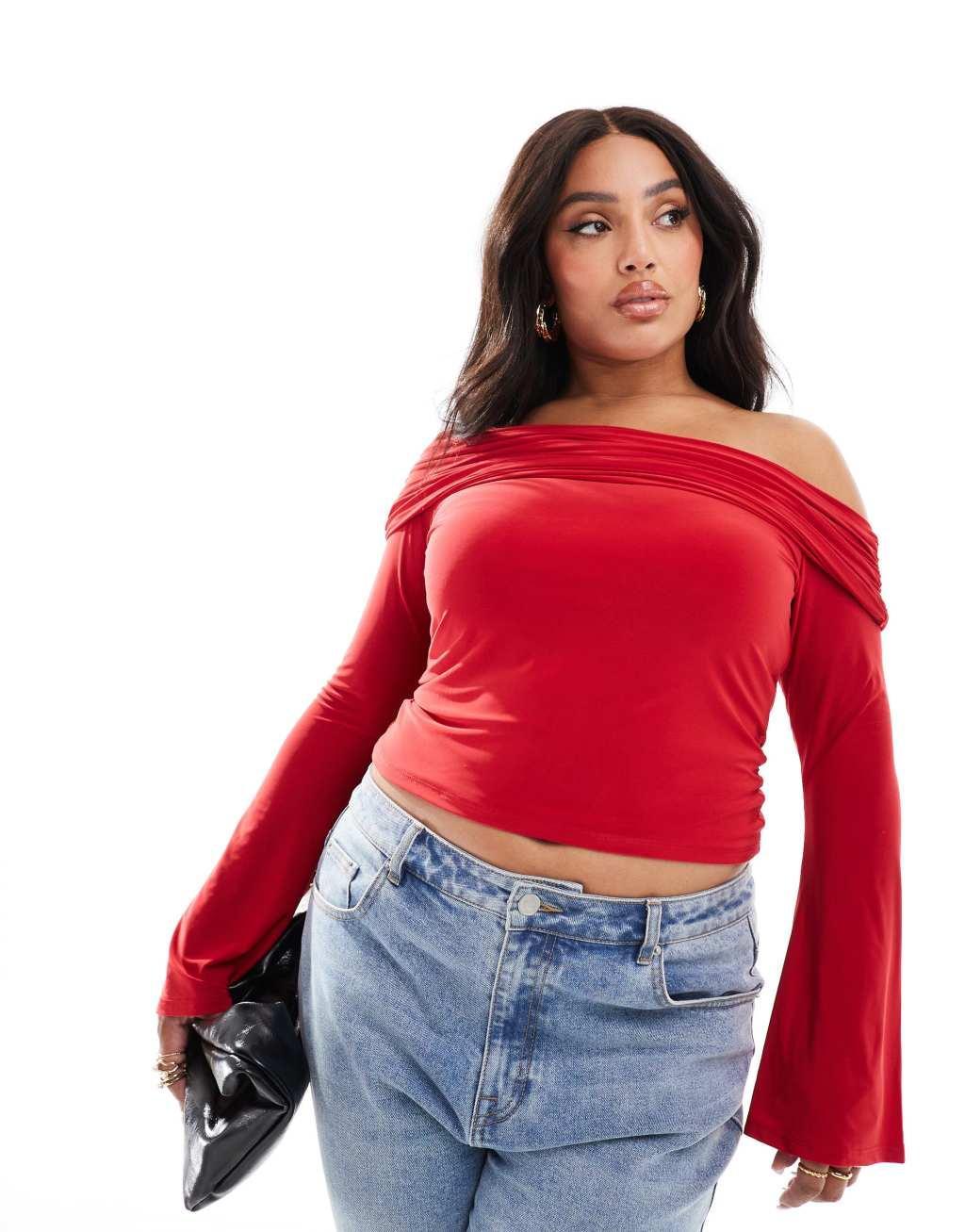 ASOS DESIGN Curve slinky one-shoulder top in red Product Image