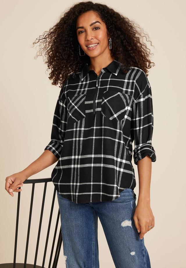 Cabin Plaid Quarter Zip Oversized Top Product Image