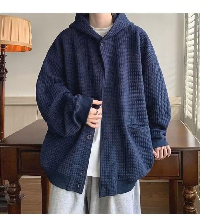 Plain Hooded Oversized Single-Breasted Jacket Product Image