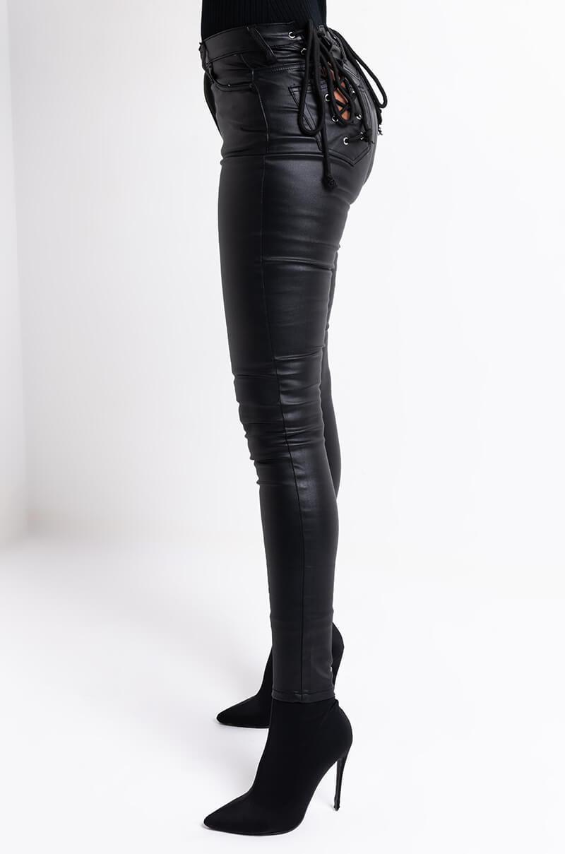 ON DUTY FAUX LEATHER LACE UP SKINNY PANTS WITH 4 WAY STRETCH Product Image