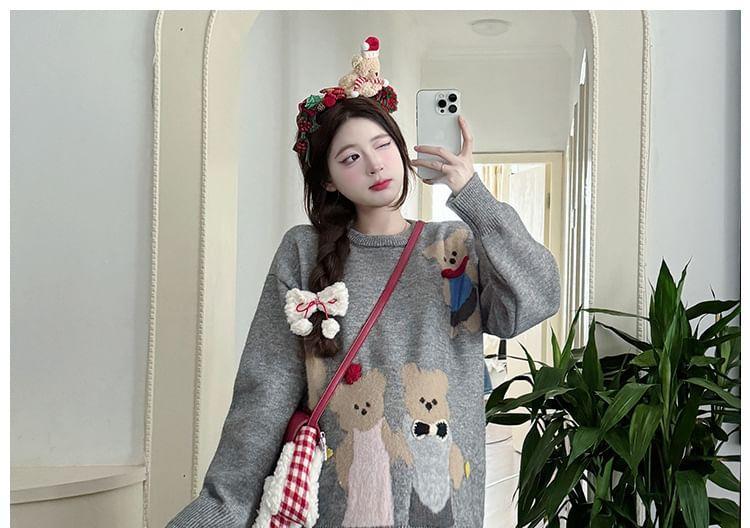 Maternity Crew Neck Bear Print Sweater / High Waist Plain Midi A-Line Skirt Product Image