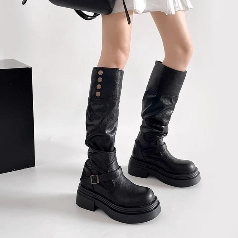 Platform Buckled Button Knee High Boots Product Image