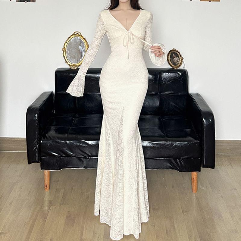 Bell Sleeve V-Neck Tie-Front Plain Lace Mermaid-Hem Maxi Bodycon Dress Product Image