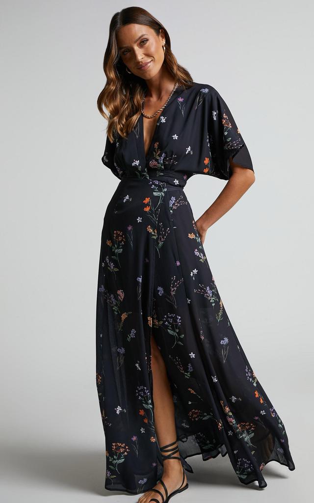 Erenza Maxi Dress - Extended Sleeve Wrap Dress in Black Flower Field Product Image