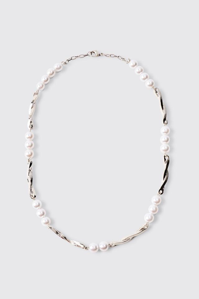 Pearl And Metal Necklace In Silver | boohooMAN USA Product Image