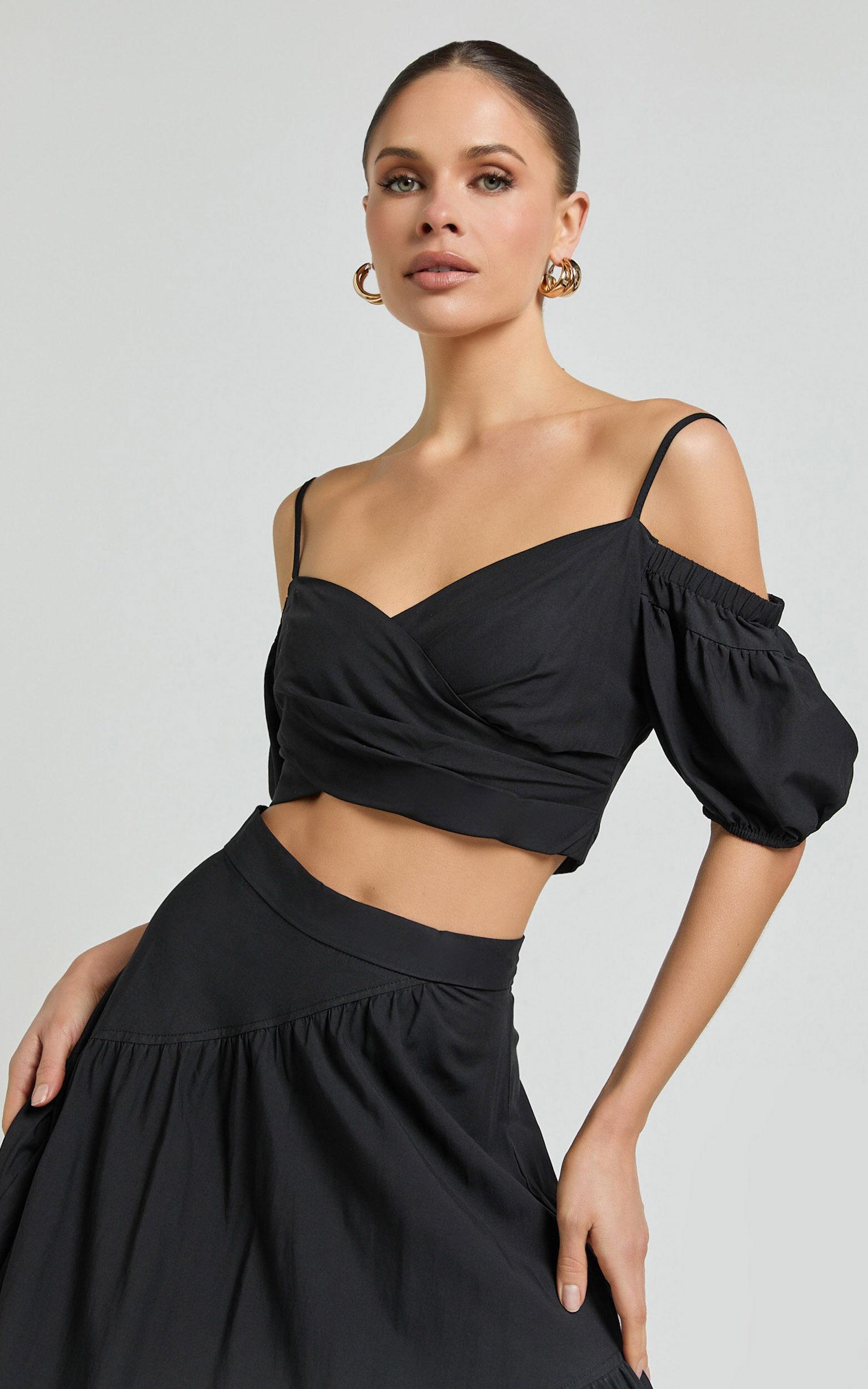 Bella Top - Off Shoulder Cross Over Puff Sleeve Crop Top in Black Product Image