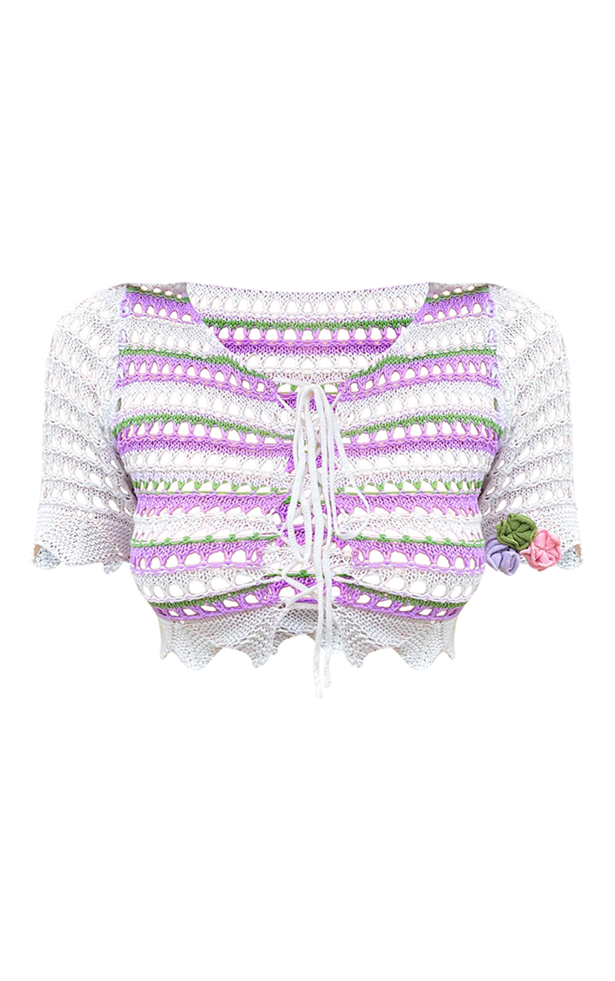 Purple Open Crochet Knit Lace Up Floral Applique Top Product Image