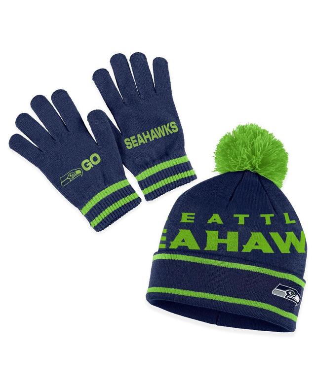 Womens WEAR by Erin Andrews College Seattle Seahawks Double Jacquard Cuffed Knit Hat with Pom and Gloves Set, Blue Product Image