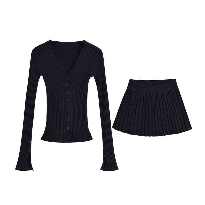 Set: V-Neck Plain Ribbed Cardigan + High Rise Accordion Pleated Mini A-Line Skirt Product Image