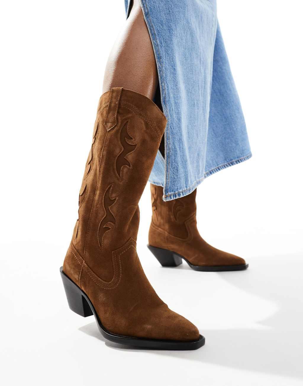 Stradivarius real suede heeled cowboy boot in beige product image