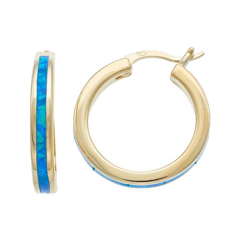 14k Gold Over Silver Lab-Created Blue Opal Hoop Earrings, Womens, Gold Tone Product Image