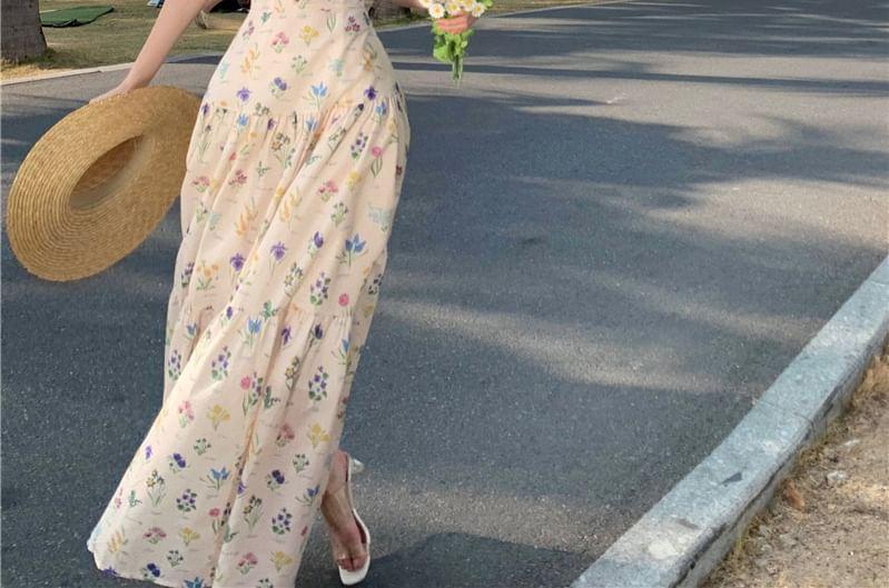 Spaghetti Strap Floral Print Midi A-Line Dress Product Image