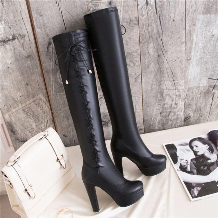 Block Heel Faux Leather Over-The-Knee Boots Product Image