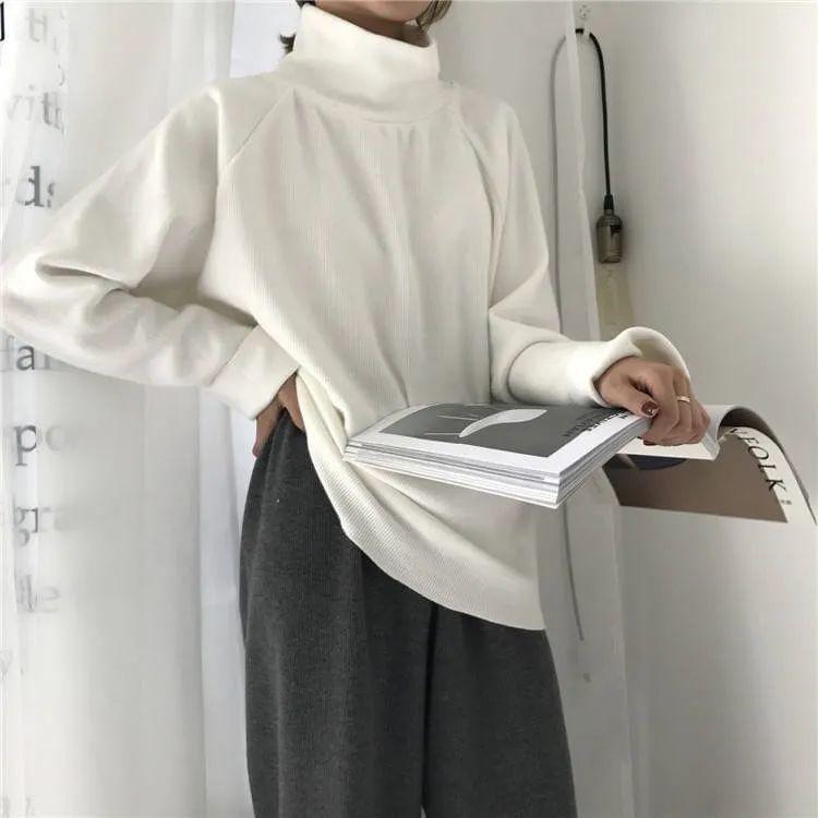 Long-Sleeve Turtleneck Plain T-Shirt Product Image