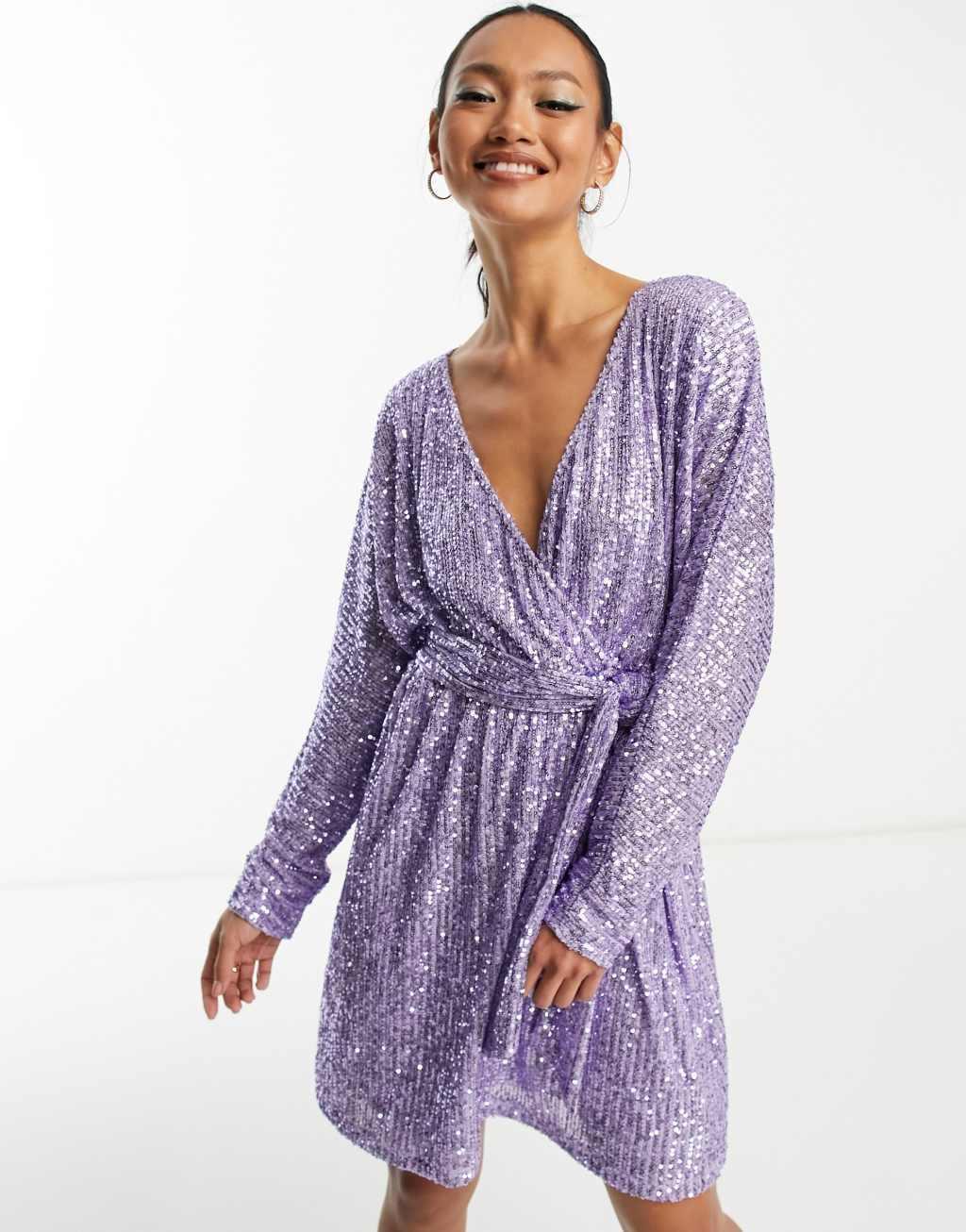 ASOS DESIGN sequin wrap mini dress with belt in lilac Product Image