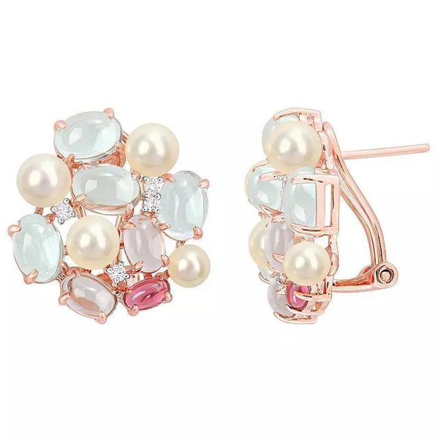 Stella Grace 18k Rose Gold Over Silver Freshwater Cultured Pearl & Multi Gemstone Cluster Earrings, Womens, Pink Tone Product Image