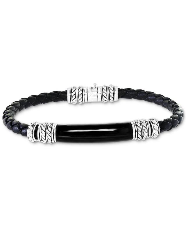 Effy Mens Onyx Black Leather Braided Bracelet in Sterling Silver Product Image