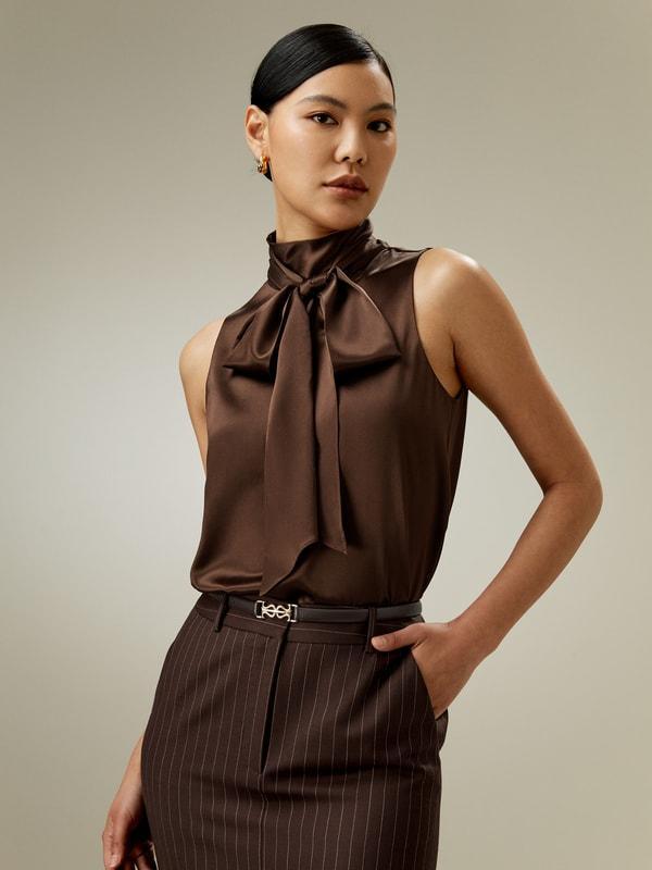 Sleeveless Tie-Neck Silk Blouse Product Image