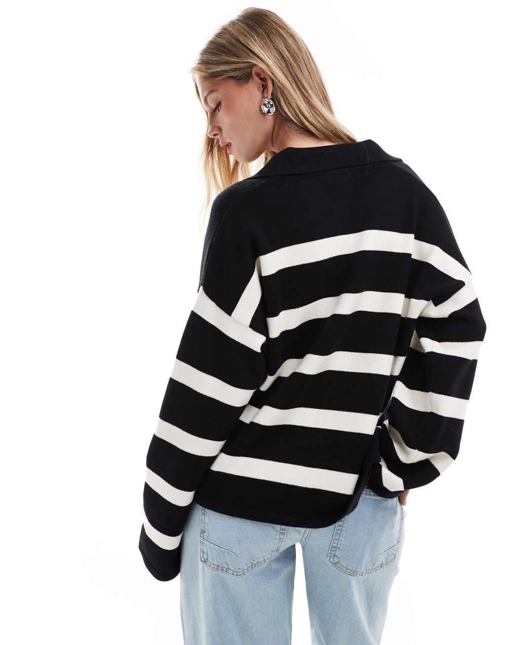 Bershka oversized polo sweater in black & white stripe Product Image