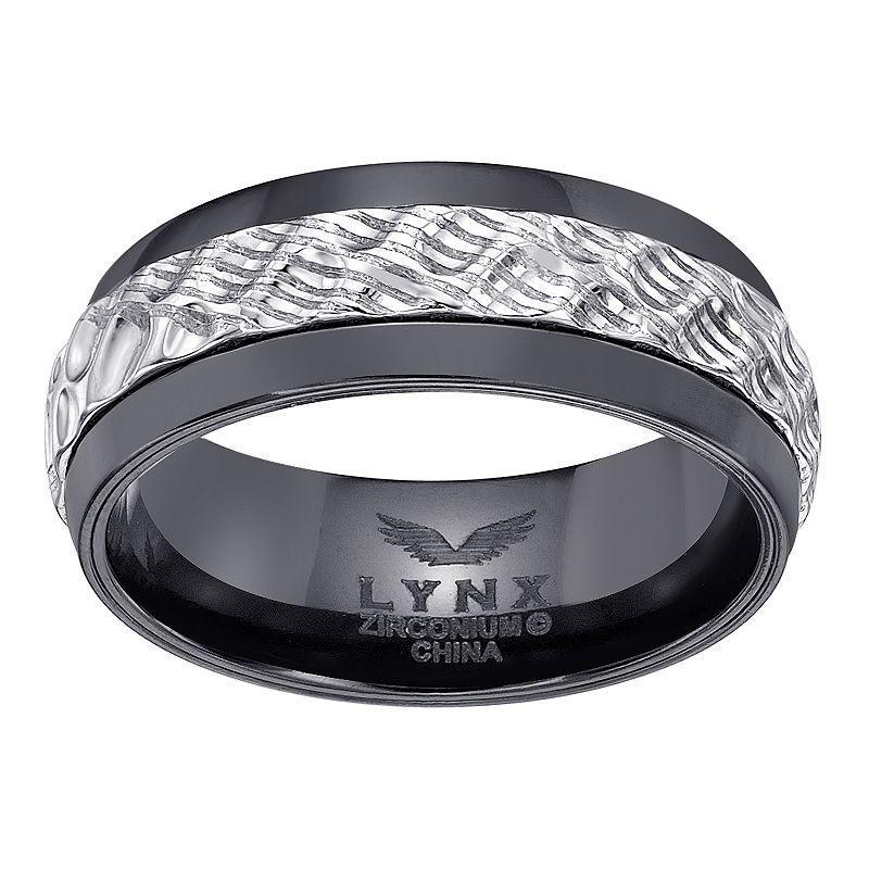 LYNX Mens Black Zirconium & Hammered Damascus Steel Ring Two Tone Product Image