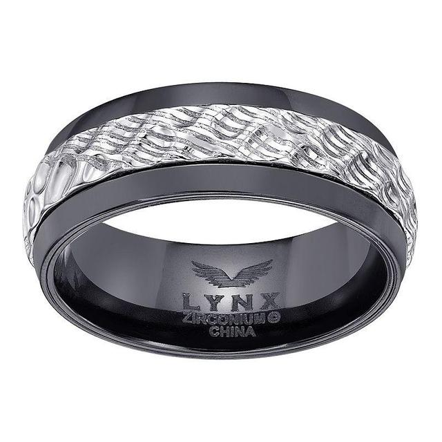 LYNX Mens Black Zirconium & Hammered Damascus Steel Ring Two Tone Product Image