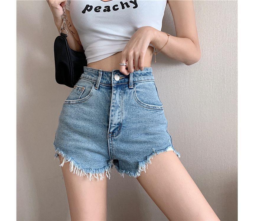 High Waist Fray Denim Hot Pants Product Image