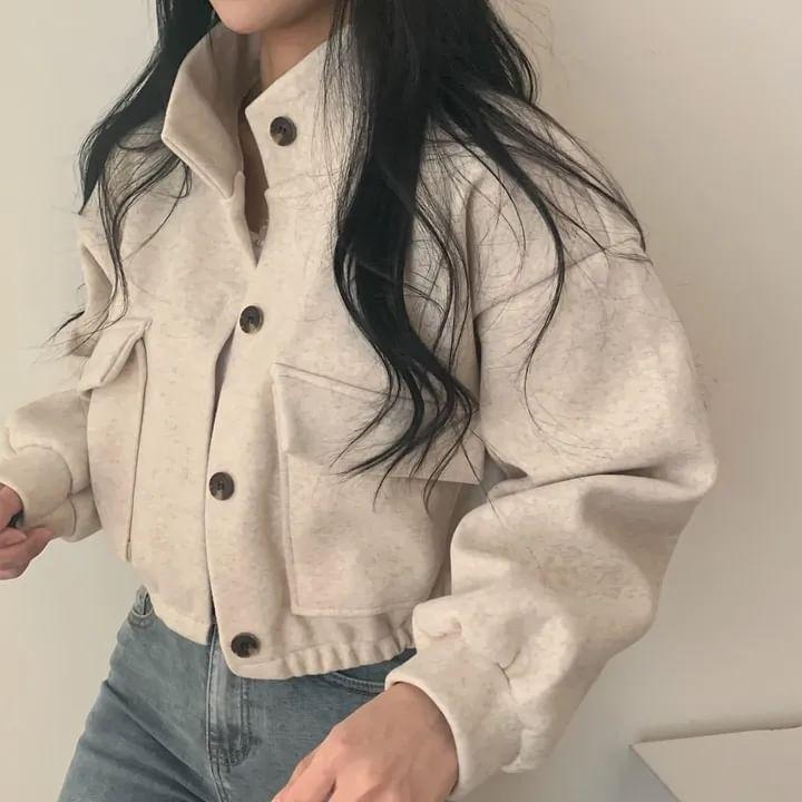 Stand Collar Plain Button-Up Crop Jacket Product Image