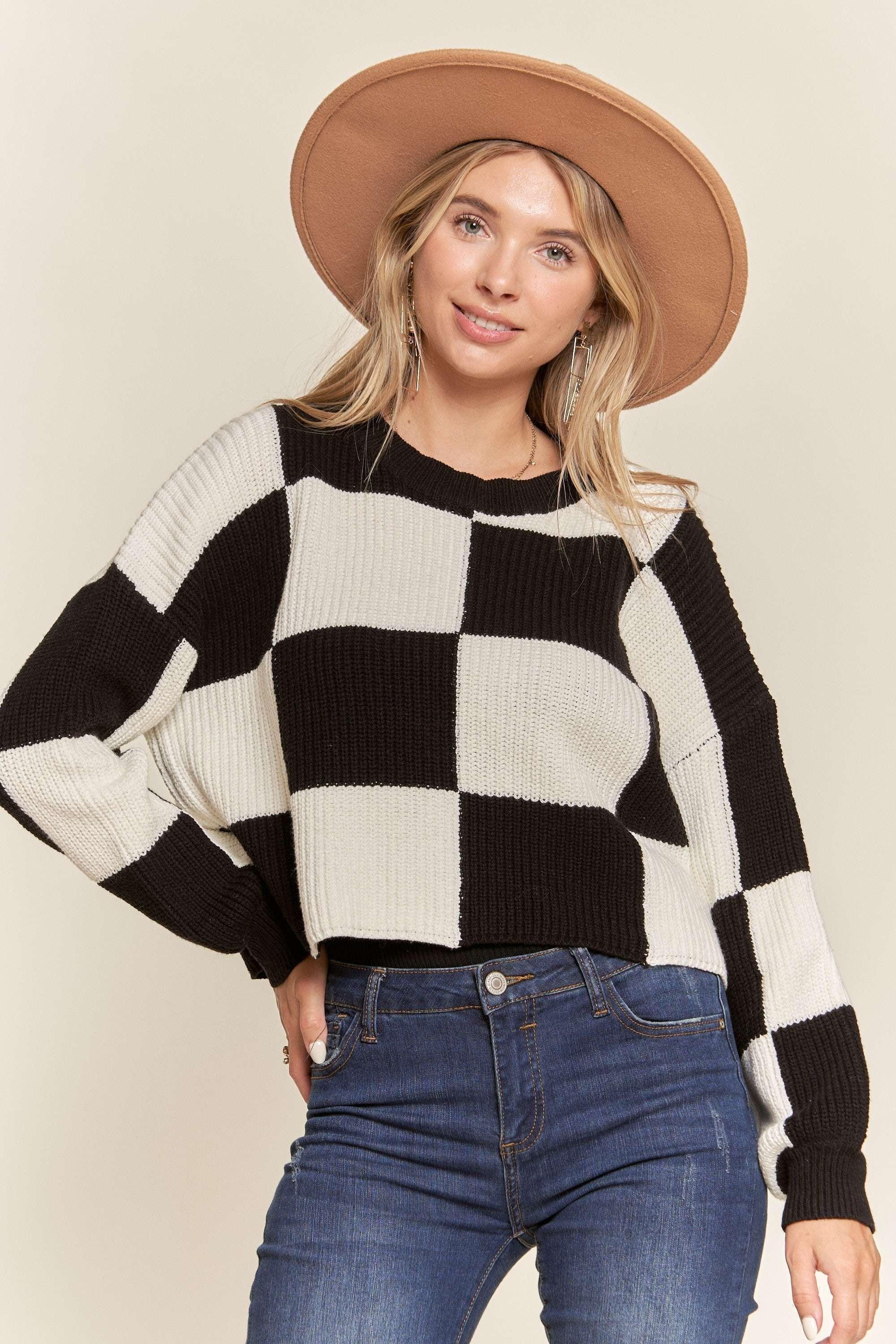 Comfy Cropped Black & White Checkered Knit Sweater Top Product Image