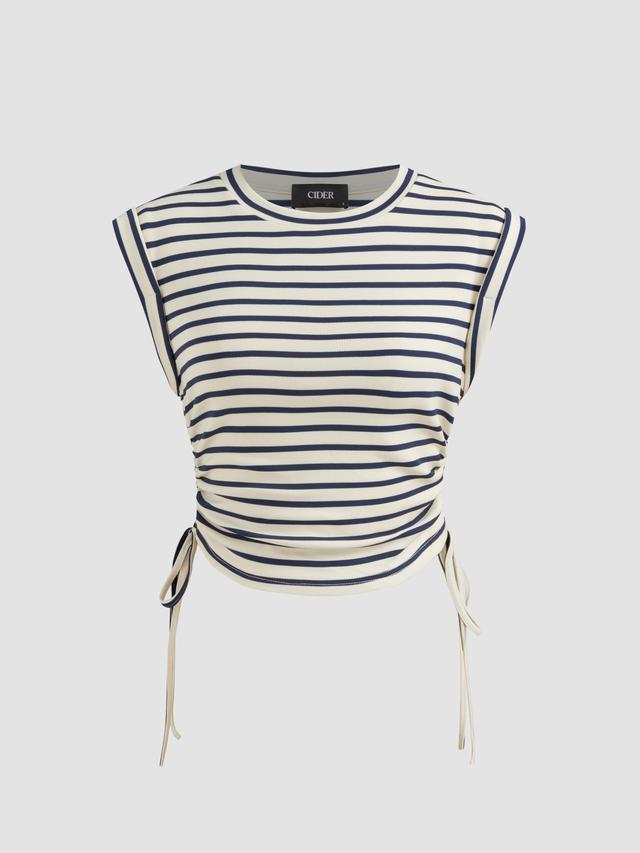 Round Neckline Striped Drawstring Tank Top Product Image