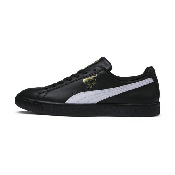 PUMA Clyde Core Foil Men's Sneakers in Black/White/Team Gold Product Image