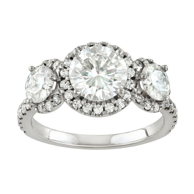 Charles & Colvard 14k White Gold 3 1/10 Carat T.W. Lab-Created Moissanite Three Stone Halo Ring, Womens Product Image