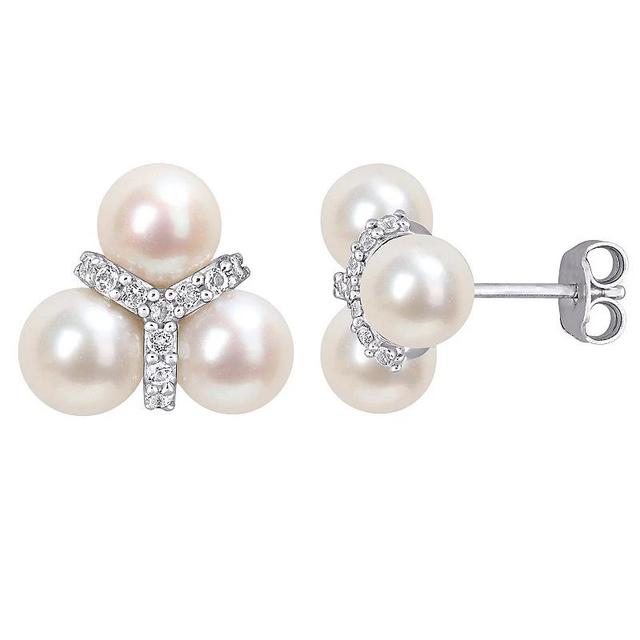 Stella Grace Sterling Silver White Topaz & Freshwater Cultured Pearl Floral Stud Earrings, Womens Product Image