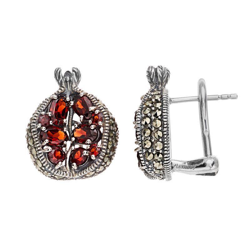 Lavish by TJM Sterling Silver Garnet & Marcasite Pomegranate Omega Earrings, Womens Product Image