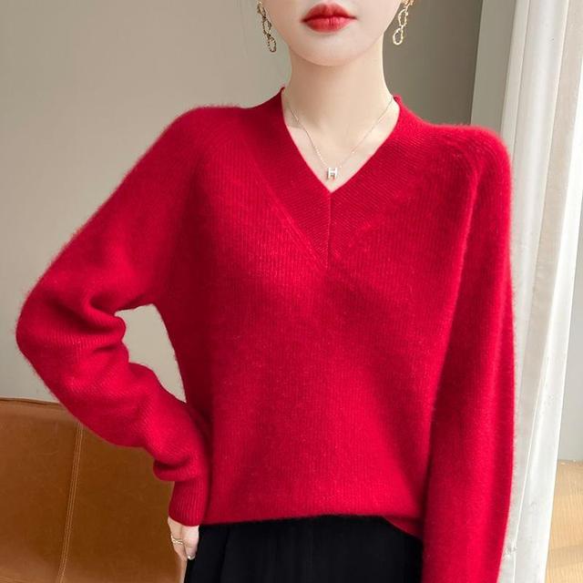 V-Neck Plain Ribbed Knitted Oversized Sweater Product Image