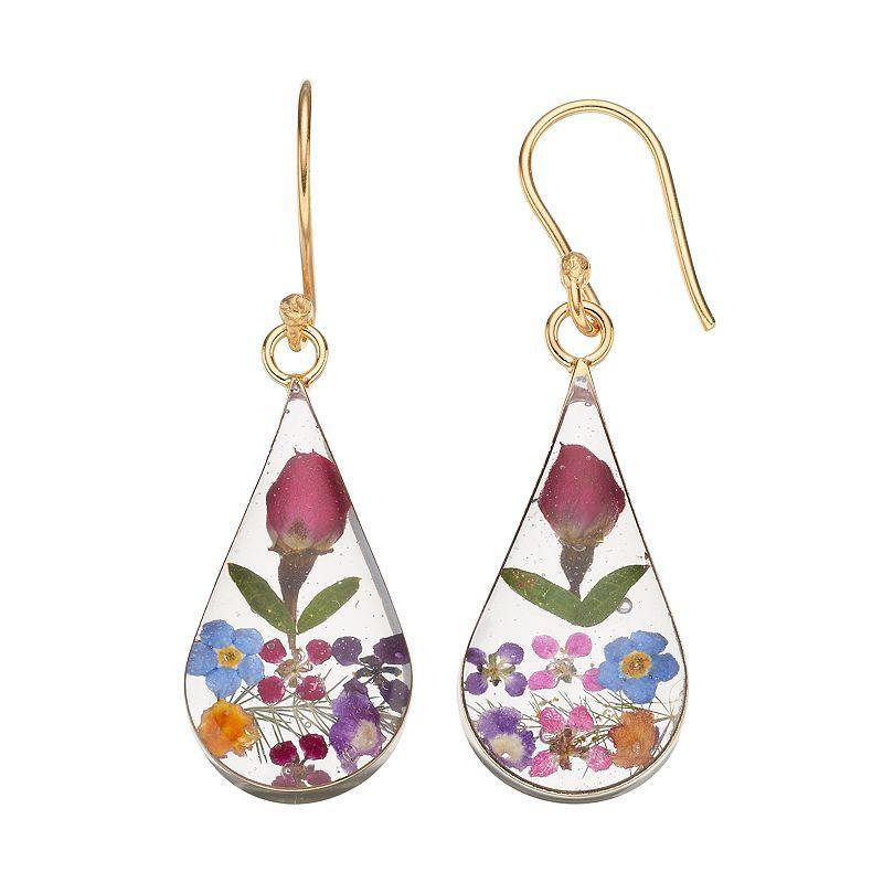 14k Gold Over Silver Pressed Flower Teardrop Earrings, Womens, Multicolor Product Image